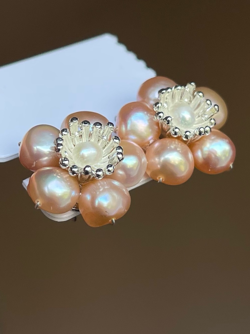 Peach Pearl Flower Stud Earrings - Sterling Silver 925 Posts